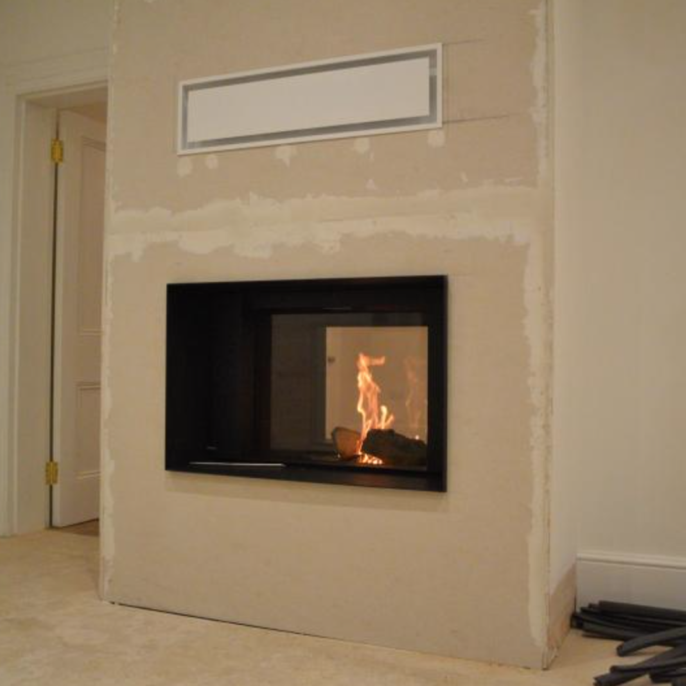 gas fireplace in media wall 