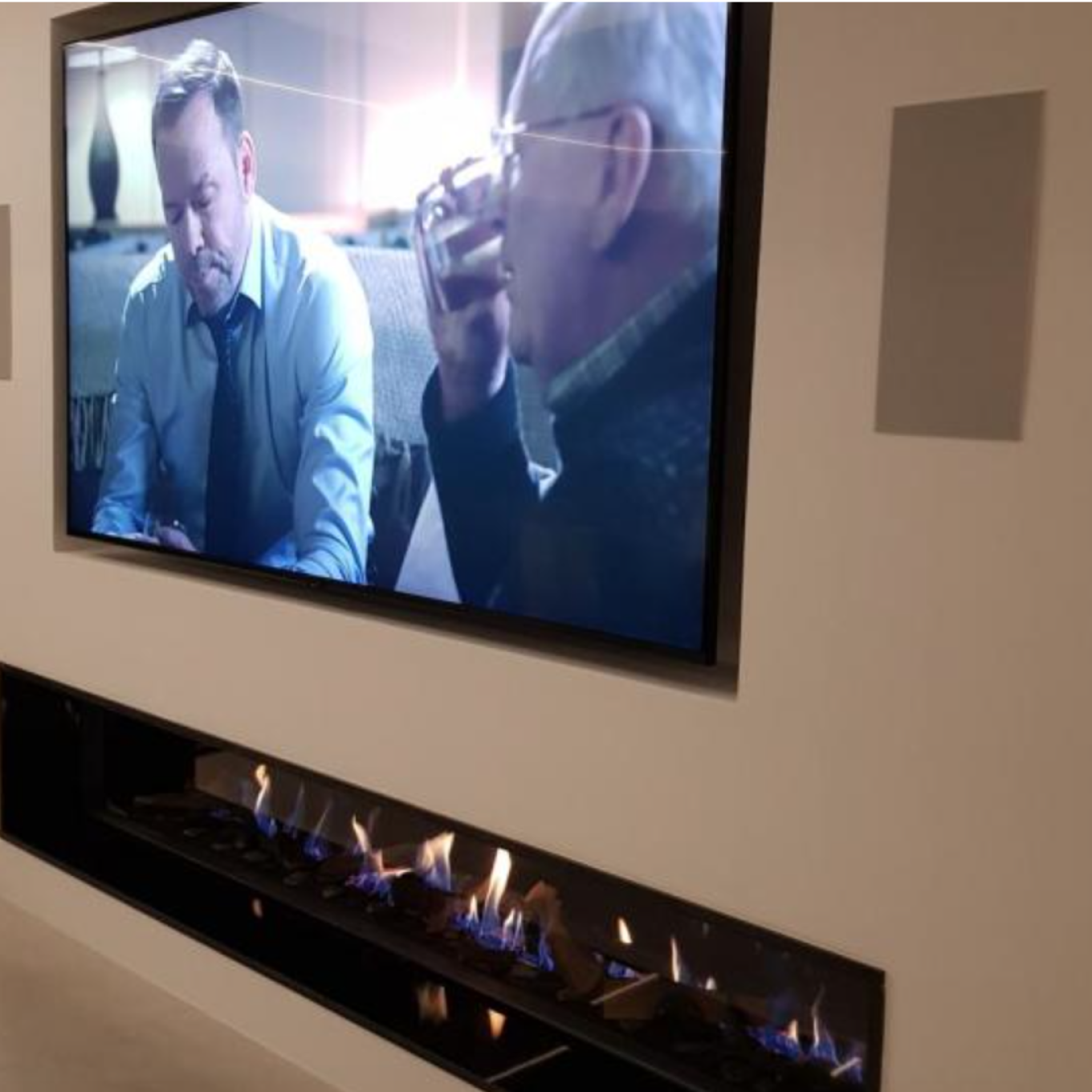 gas fireplace in media wall 